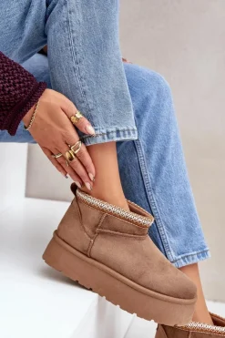 Sale Boto Śniegowce Na Platformie Z Ozdobnym Haftem Brązowe Heslania