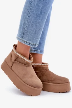 Sale Boto Śniegowce Na Platformie Z Ozdobnym Haftem Brązowe Heslania