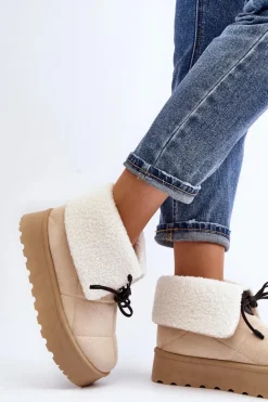 Boto Śniegowce Damskie*Śniegowce Na Platformie Z Kożuchem Jasnobeżowe Olimuka Beżowy