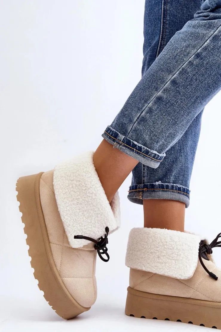 Boto Śniegowce Damskie*Śniegowce Na Platformie Z Kożuchem Jasnobeżowe Olimuka Beżowy
