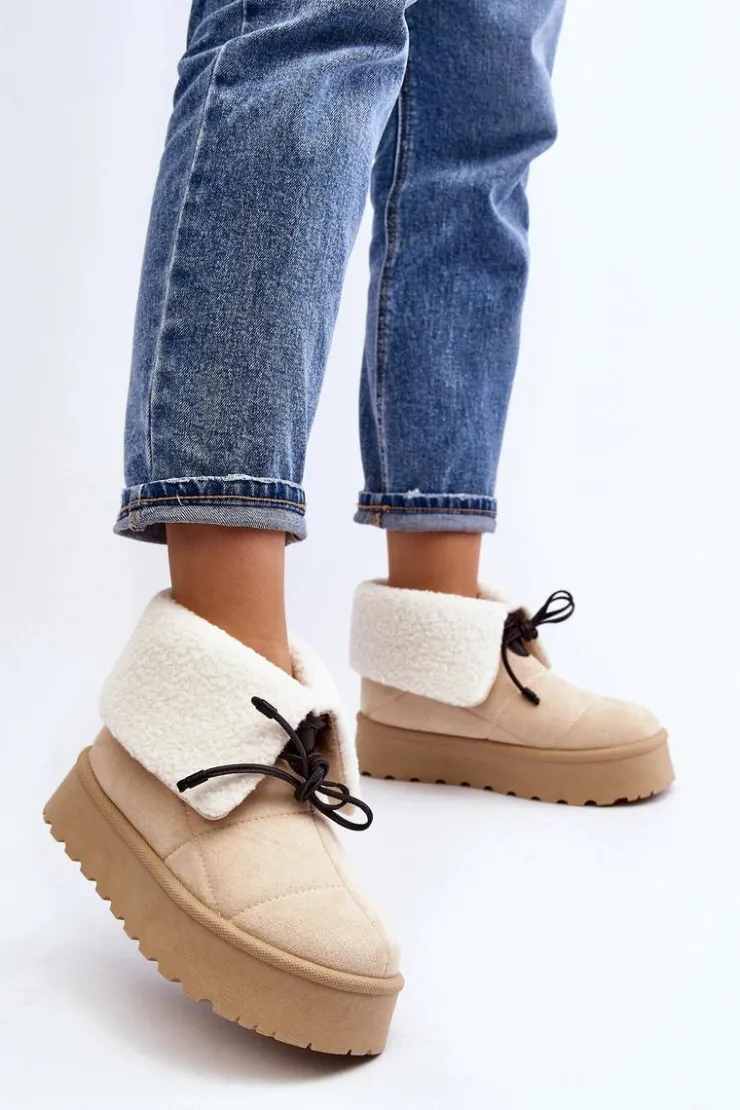 Boto Śniegowce Damskie*Śniegowce Na Platformie Z Kożuchem Jasnobeżowe Olimuka Beżowy