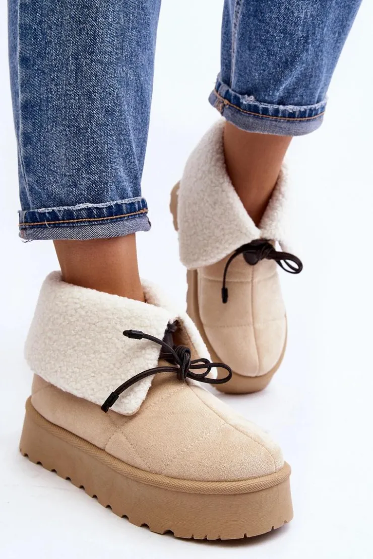 Boto Śniegowce Damskie*Śniegowce Na Platformie Z Kożuchem Jasnobeżowe Olimuka Beżowy