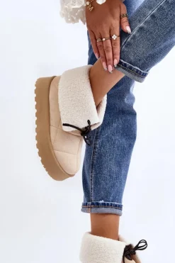 Boto Śniegowce Damskie*Śniegowce Na Platformie Z Kożuchem Jasnobeżowe Olimuka Beżowy