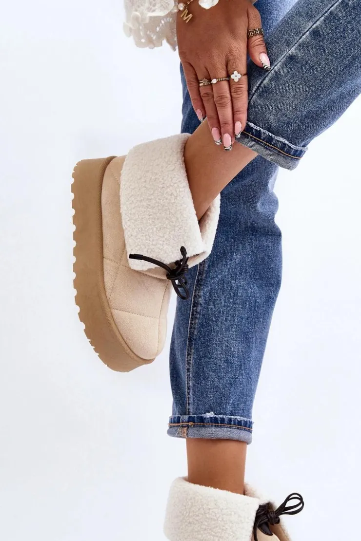 Boto Śniegowce Damskie*Śniegowce Na Platformie Z Kożuchem Jasnobeżowe Olimuka Beżowy