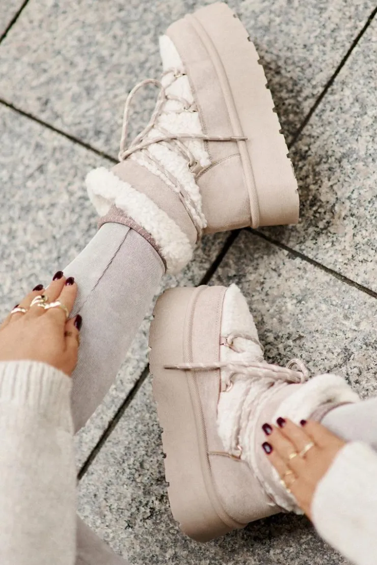 Best Boto Śniegowce Na Platformie Z Wiązaniem Jasnobeżowe Izathiel