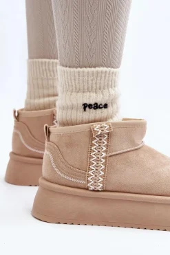 Boto Śniegowce Damskie*Śniegowce Na Platformie Ze Wzorem Beżowe Udra