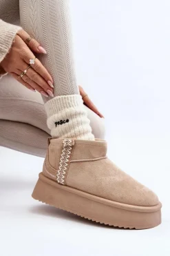 Boto Śniegowce Damskie*Śniegowce Na Platformie Ze Wzorem Beżowe Udra