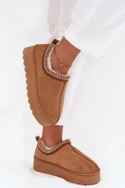 Boto Śniegowce Damskie*Śniegowce Niskie Damskie Z Haftem Na Platformie Camel Taliah Brązowy