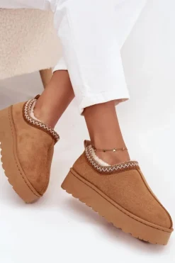 Boto Śniegowce Damskie*Śniegowce Niskie Damskie Z Haftem Na Platformie Camel Taliah Brązowy