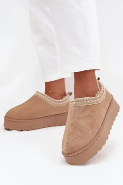 Hot Boto Śniegowce Niskie Damskie Z Haftem Na Platformie Beżowe Taliah Beżowy