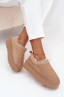 Hot Boto Śniegowce Niskie Damskie Z Haftem Na Platformie Beżowe Taliah Beżowy