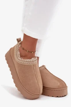 Hot Boto Śniegowce Niskie Damskie Z Haftem Na Platformie Beżowe Taliah Beżowy