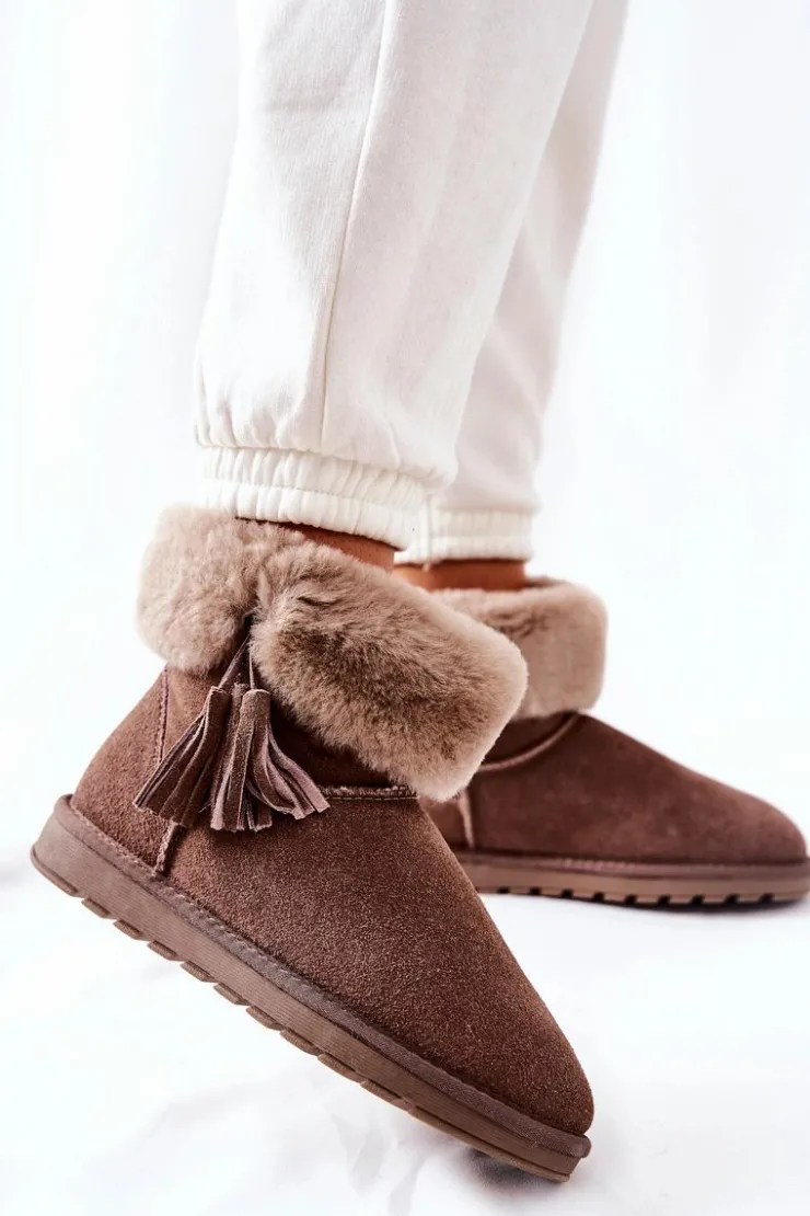 Damskie Boto Śniegowce Ocieplane Frędzle Brązowe Sorella