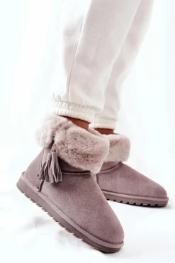 Boto Śniegowce Damskie*Śniegowce Ocieplane Frędzle Szare Sorella