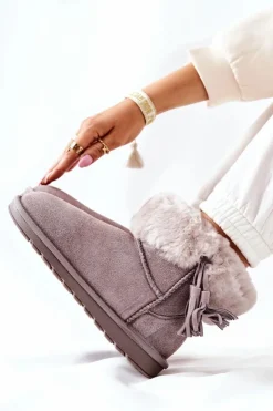 Boto Śniegowce Damskie*Śniegowce Ocieplane Frędzle Szare Sorella