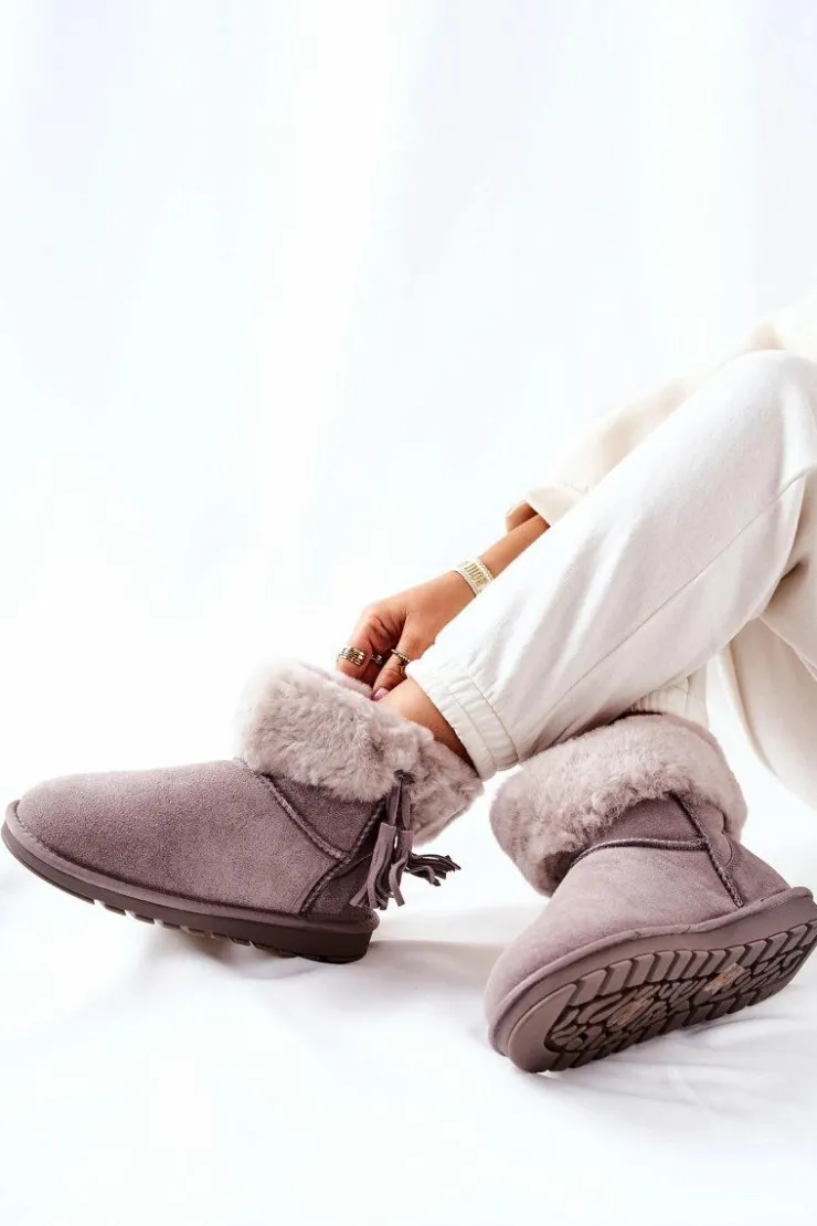 Boto Śniegowce Damskie*Śniegowce Ocieplane Frędzle Szare Sorella