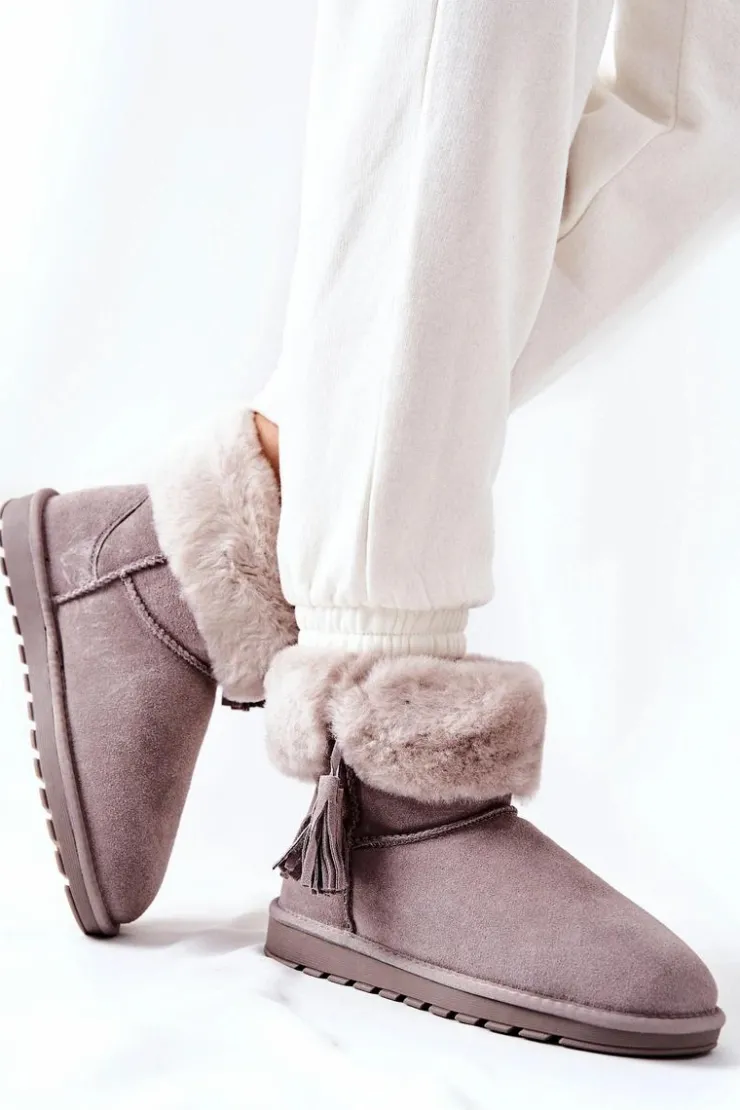 Boto Śniegowce Damskie*Śniegowce Ocieplane Frędzle Szare Sorella