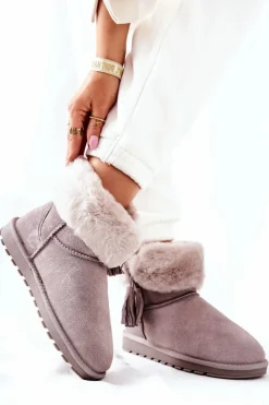Boto Śniegowce Damskie*Śniegowce Ocieplane Frędzle Szare Sorella