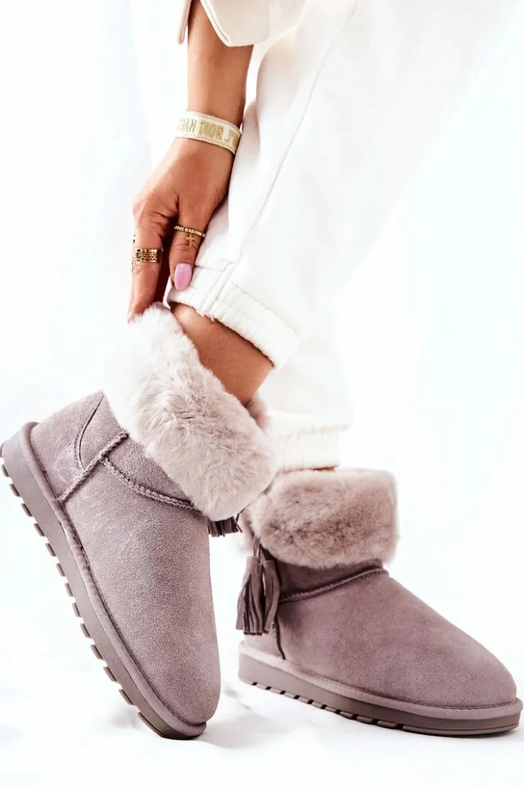 Boto Śniegowce Damskie*Śniegowce Ocieplane Frędzle Szare Sorella