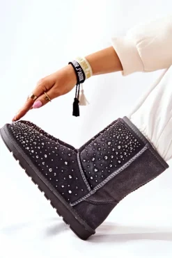 Boto Śniegowce Damskie*Śniegowce Ocieplane Z Dżetami Szare Mariella Szary