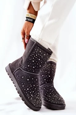 Boto Śniegowce Damskie*Śniegowce Ocieplane Z Dżetami Szare Mariella Szary