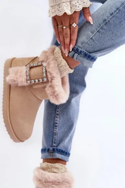 Damskie Boto Śniegowce Ocieplane Z Klamrą Beżowe Dulca