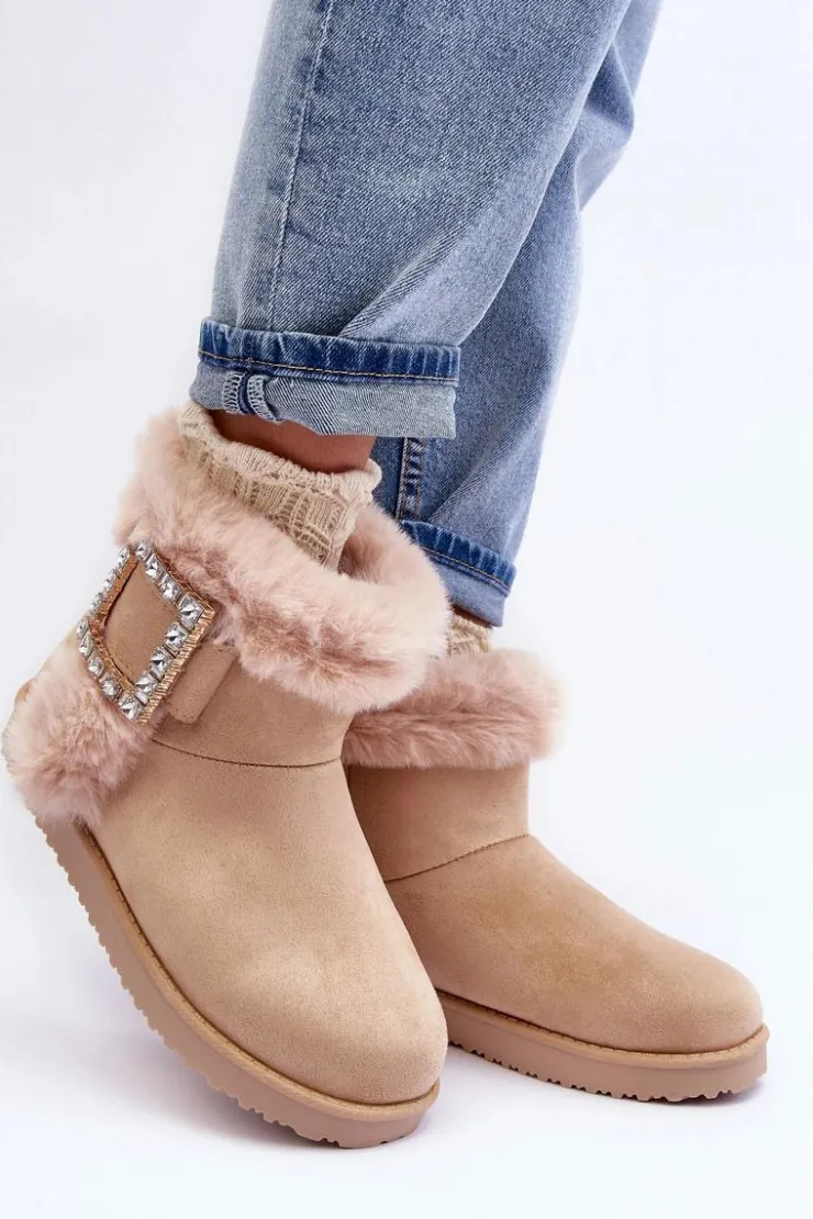 Damskie Boto Śniegowce Ocieplane Z Klamrą Beżowe Dulca