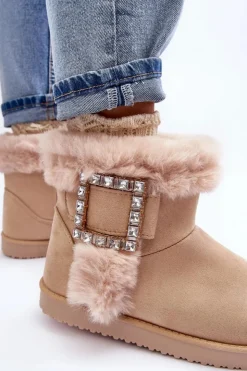 Damskie Boto Śniegowce Ocieplane Z Klamrą Beżowe Dulca