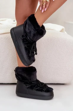 Boto Śniegowce Damskie*Śniegowce Z Futerkiem I Wiązaniem Czarne Silvara Czarny