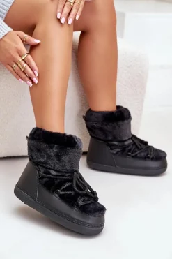 Boto Śniegowce Damskie*Śniegowce Z Futerkiem I Wiązaniem Czarne Silvara Czarny