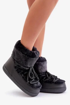 Boto Śniegowce Damskie*Śniegowce Z Futerkiem I Wiązaniem Czarne Silvara Czarny