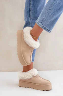 Damskie Boto Śniegowce Z Niską Cholewką Z Futerkiem Na Platformie Eko Zamszowe Jasnobeżowe Neathoria