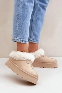 Damskie Boto Śniegowce Z Niską Cholewką Z Futerkiem Na Platformie Eko Zamszowe Jasnobeżowe Neathoria