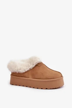 Damskie Boto Śniegowce Z Niską Cholewką Z Futerkiem Na Platformie Eko Zamszowe Camel Neathoria