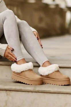 Damskie Boto Śniegowce Z Niską Cholewką Z Futerkiem Na Platformie Eko Zamszowe Camel Neathoria