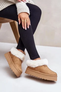 Damskie Boto Śniegowce Z Niską Cholewką Z Futerkiem Na Platformie Eko Zamszowe Camel Neathoria