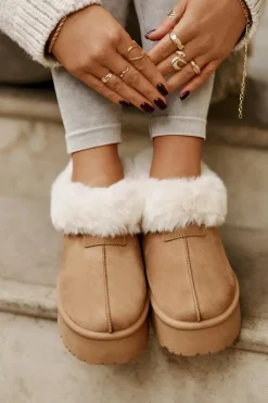 Damskie Boto Śniegowce Z Niską Cholewką Z Futerkiem Na Platformie Eko Zamszowe Camel Neathoria