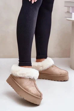 Boto Śniegowce Z Niską Cholewką Z Futerkiem Na Platformie Eko Zamszowe Ciemnobeżowe Neathoria