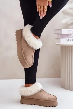 Boto Śniegowce Z Niską Cholewką Z Futerkiem Na Platformie Eko Zamszowe Ciemnobeżowe Neathoria