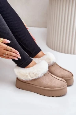 Boto Śniegowce Z Niską Cholewką Z Futerkiem Na Platformie Eko Zamszowe Ciemnobeżowe Neathoria