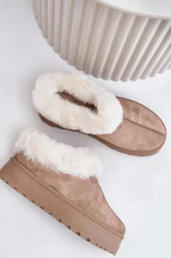 Boto Śniegowce Z Niską Cholewką Z Futerkiem Na Platformie Eko Zamszowe Ciemnobeżowe Neathoria