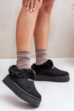 Boto Śniegowce Damskie*Śniegowce Z Niską Cholewką Z Futerkiem Na Platformie Eko Zamszowe Czarne Neathoria