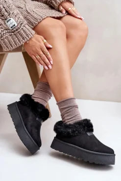 Boto Śniegowce Damskie*Śniegowce Z Niską Cholewką Z Futerkiem Na Platformie Eko Zamszowe Czarne Neathoria