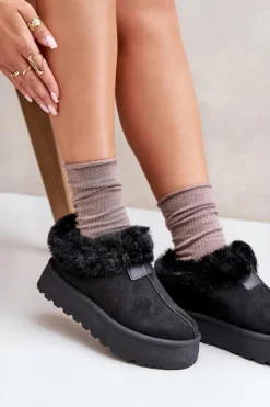 Boto Śniegowce Damskie*Śniegowce Z Niską Cholewką Z Futerkiem Na Platformie Eko Zamszowe Czarne Neathoria