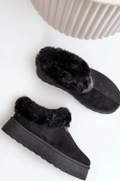 Boto Śniegowce Damskie*Śniegowce Z Niską Cholewką Z Futerkiem Na Platformie Eko Zamszowe Czarne Neathoria