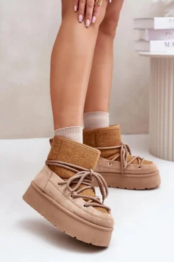 New Boto Śniegowce Z Wiązaniem Na Platformie Brązowe Mavora Brązowy