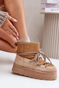 New Boto Śniegowce Z Wiązaniem Na Platformie Brązowe Mavora Brązowy