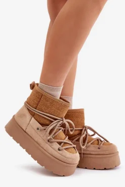 New Boto Śniegowce Z Wiązaniem Na Platformie Brązowe Mavora Brązowy