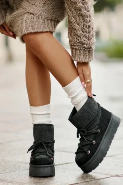 Damskie Boto Śniegowce Z Wiązaniem Na Platformie Czarne Mavora