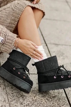 Damskie Boto Śniegowce Z Wiązaniem Na Platformie Czarne Mavora